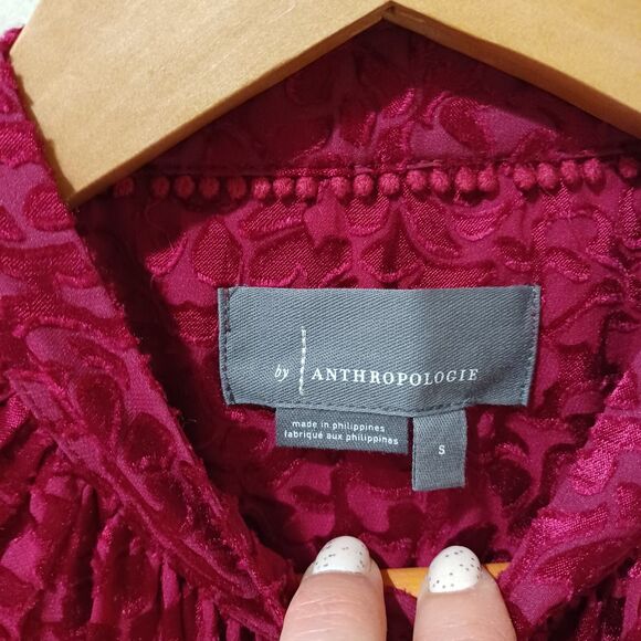 Anthropologie Susanna Burnout Velvet Button Front Blouse Plum Size Small Boho - Picture 5 of 9
